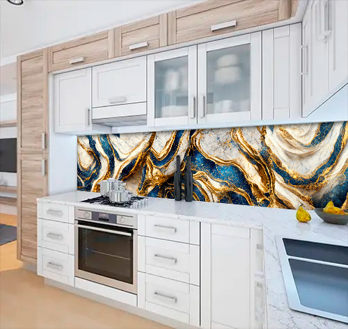 Наклейка на кухонний фартух 60 х 200 см, з фотодруком та захисною ламінацією Мармур синій із золотом та білим