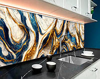 Наклейка на кухонный фартук 60 х 250 см, фотопечать с защитной ламинацией Мрамор сине-белый с золотом и белым