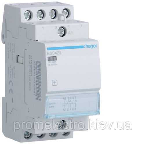 Контактор модульний стандарт 25 А з катушкою на 230 В АС 3НВ+1НЗ, HAGER ESC428
