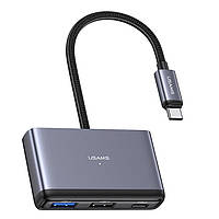 HUB адаптер Usams US-SJ627 4-в-1|Type-C to USB3.0*1 + USB2.0*2 + PD 60 Вт| 10см| Серый