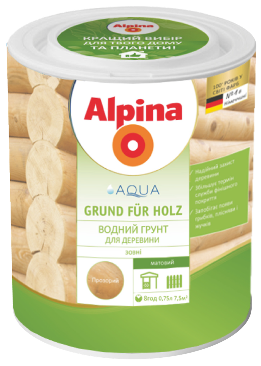 Ґрунтовка Alpina Aqua Grund fur Holz — водорозчинна для захисту деревини (0,75 л)
