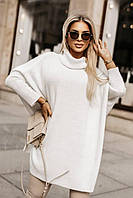 Женский теплый удлиненный трикотажный свитер с воротником хомут размер универсальный Белый, Oversize