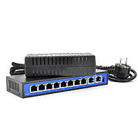 Коммутатор POE 48V с 8 портами POE 100Мбит + 2 порт Ethernet (UP-Link) 100Мбит, корпус - металл, Black, БП в