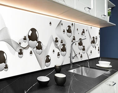 Панель на кухонний фартух під скло з абстракцією дзеркальних куль, з двостороннім скотчем 62 х 305 см, 1,2 мм