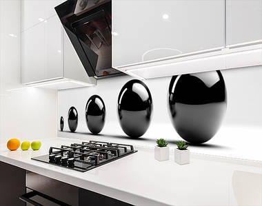 Панелі на кухонний фартух ПЕТ кулі чорні на білому тлі, з двостороннім скотчем 62 х 305 см, 1,2 мм