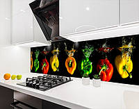 Кухонная плитка на кухонный фартук перцы в воде на черном фоне, с двухсторонним скотчем 62 х 305 см, 1,2 мм