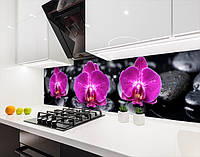 Панель на кухонний фартух жорстка орхідеї на каменях, з двостороннім скотчем 62 х 305 см, 1,2 мм