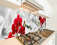 Панель на кухонный фартук жесткая орхидеи на белом атласе, с двухсторонним скотчем 62 х 305 см, 1,2 мм