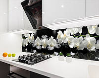 Панель на кухонний фартух під скло білі орхідеї на камені, з двостороннім скотчем 62 х 305 см, 1,2 мм