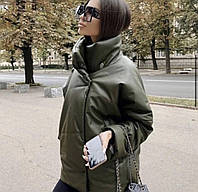 Женская теплая куртка из эко-кожи с воротником стойка размеры 42-46