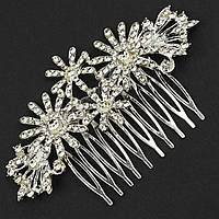Гребінець сріблястий металевий для волосся з камінням квіточками ромашки розмір 10х4 см на 10 зубців