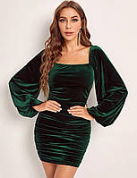 Женское облегающее бархатное зеленое изумрудное короткое мини платье,с квадратным вырезом и эфектом пуш ап 46/48, L-Xl