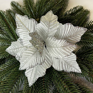Новорічна прикраса Квітка пуансетія 14 см срібло
