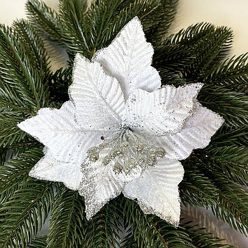 Новорічна прикраса Квітка пуансетія 14 см оксамит білий