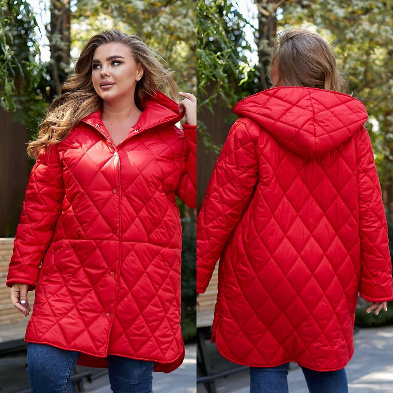 Зимова куртка стьобана на кнопках з кишенями врізними жіноча Великого розміру Червона