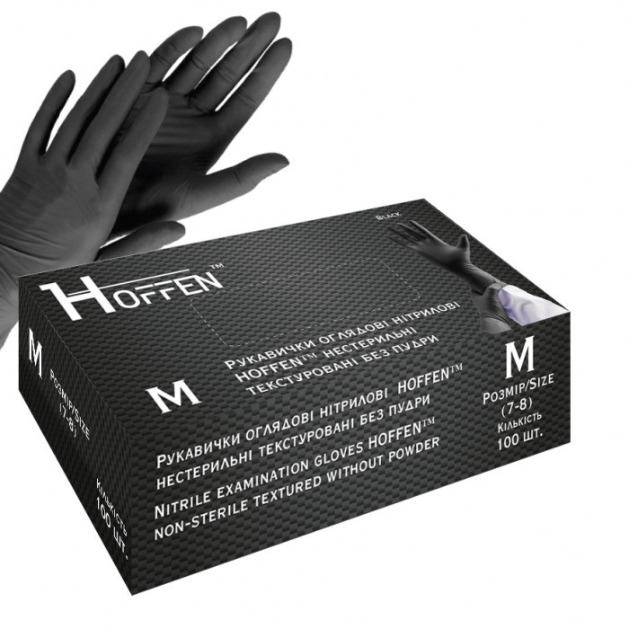 Рукавички нітрилові текстуровані, Чорні (3.5 г) HOFFEN (Hoff Мedical), р. M (100 шт./уп.)