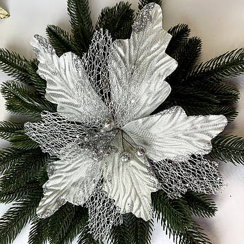 Новорічна прикраса Квітка пуансетія 25 см срібло