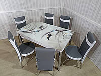 Стіл з 3D малюнком + 6 стільця кухонний обідній стіл зі скла і хромованого металу 3д стіл каркасна м