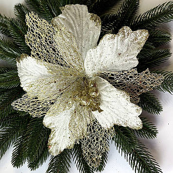 Новорічна прикраса Квітка пуансетія 25 см оксамит білий з золотом