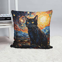 Декоративна подушка 45х45 см, «Чорний кіт Ван Гог art style»
