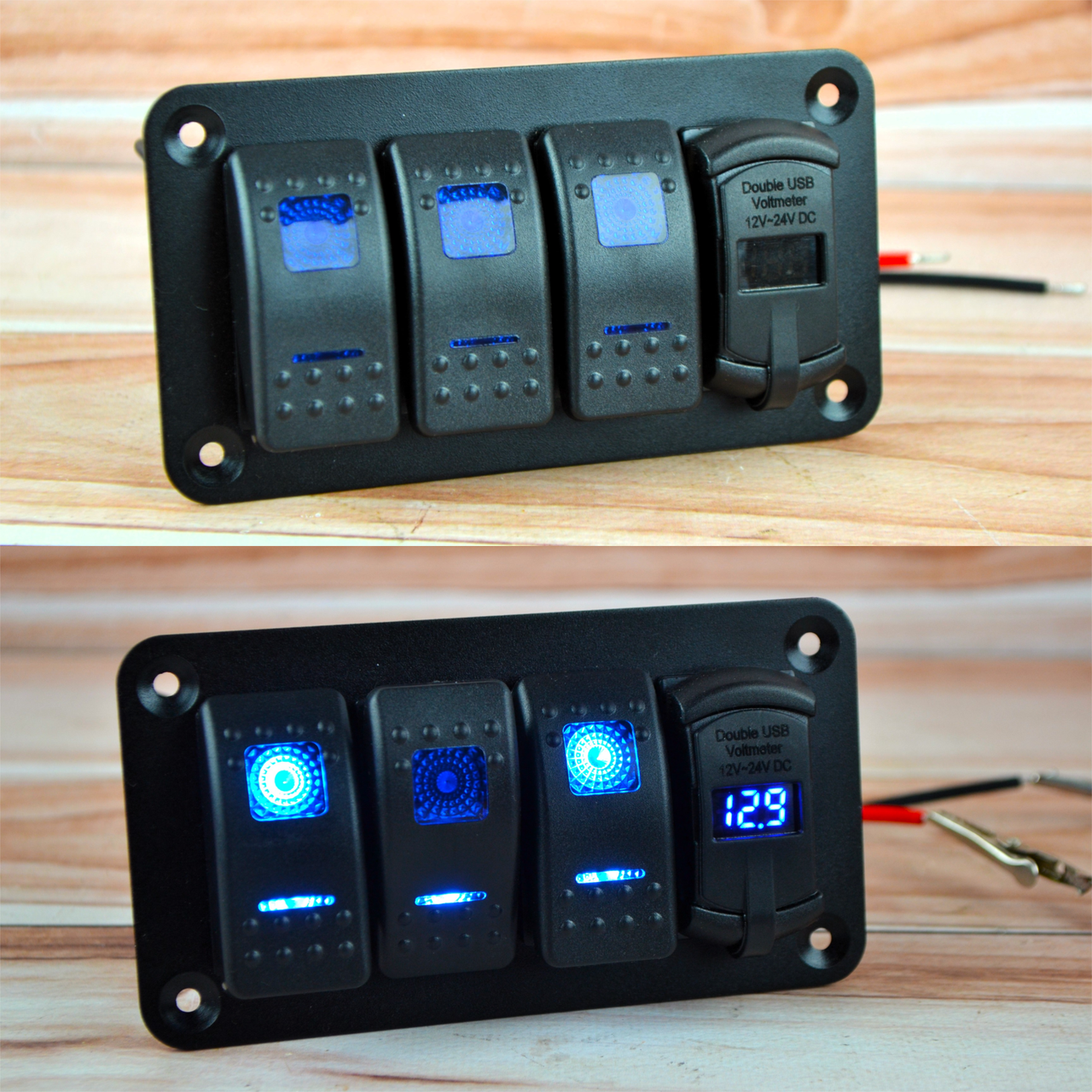 Блок перемикачів 3 клавіші, з підсвічуванням клавіш, 2-виходи USB + Вольтметр
