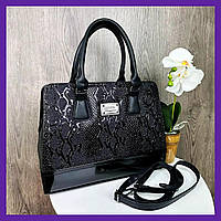 Практичная женская сумка с ручками, сумочка для женщин черная лаковая рептилия крокодил