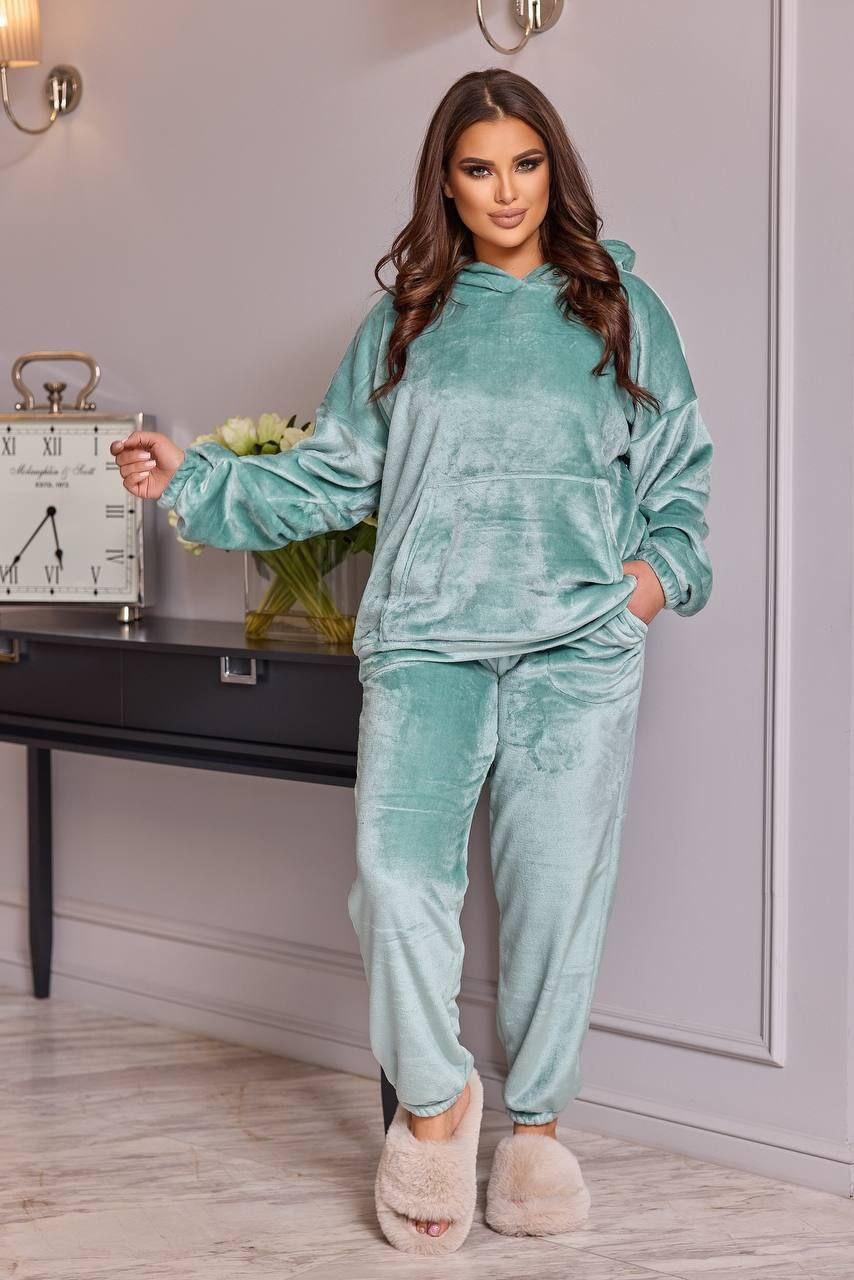 Красива махрова жіноча піжама двійка стильний домашній комплект у піжамному стилі для жінки колір ментол, фото 1