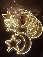 Светодиодная гирлянда-штора звезды и полумесяцы для новогоднего декора окна .