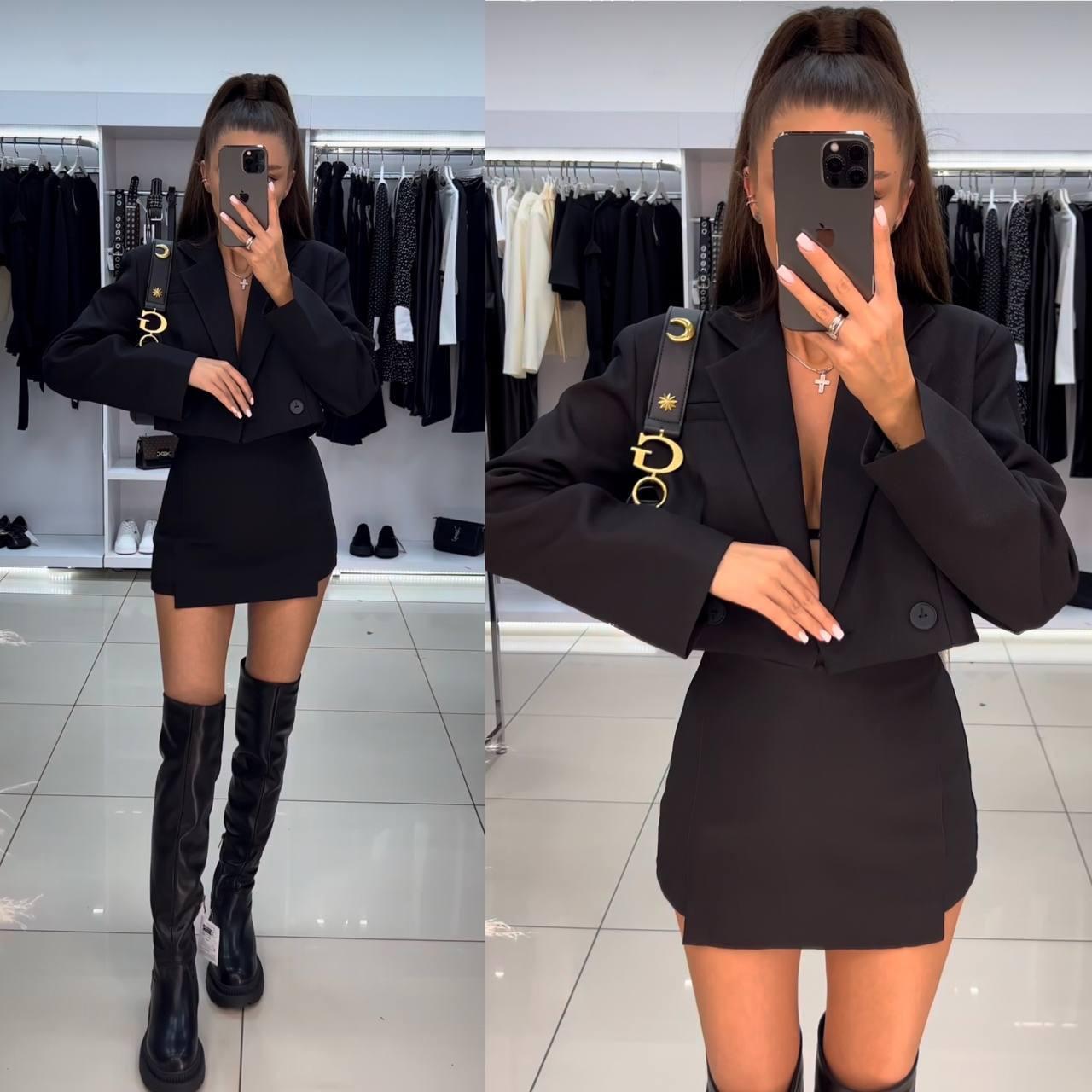 Жіночий костюм двійка комплект коротка міні спідниця + жакет піджак короткий оверсайз чорний