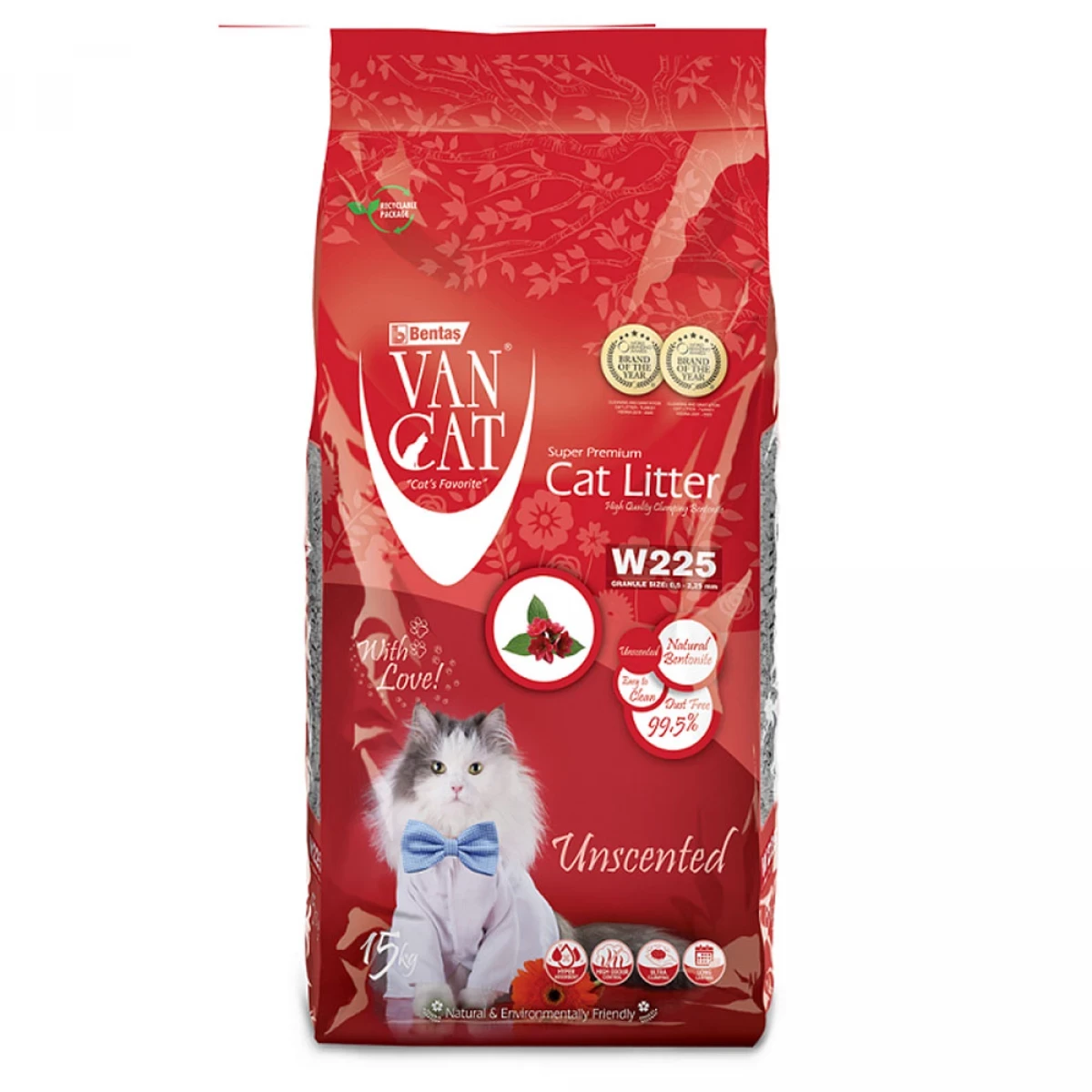 Бентонітовий наповнювач для котів Van Cat Unscented 0.5-2.25 мм, що комкується Класик Натурал без запаху 15кг (5403)