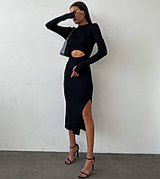 Женское длинное платье в обтяжку стильное закрытое длинный рукав с вырезом в рубчик черный, графит, шоколад