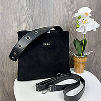 Новинка! Стильная оригинальная женская замшевая сумка черная, сумочка натуральная замша