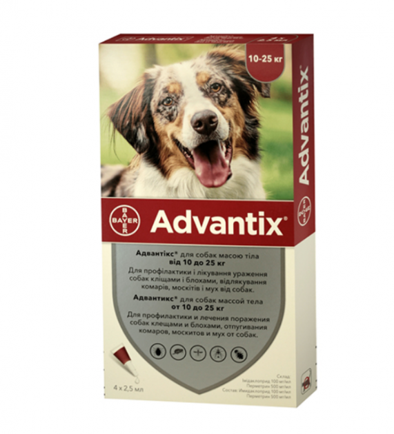 Фото - Ліки й вітаміни Bayer Капли от блох, клещей Advantix АДВАНТИКС для собак 10-25 кг, 4 пипетки*2.5 