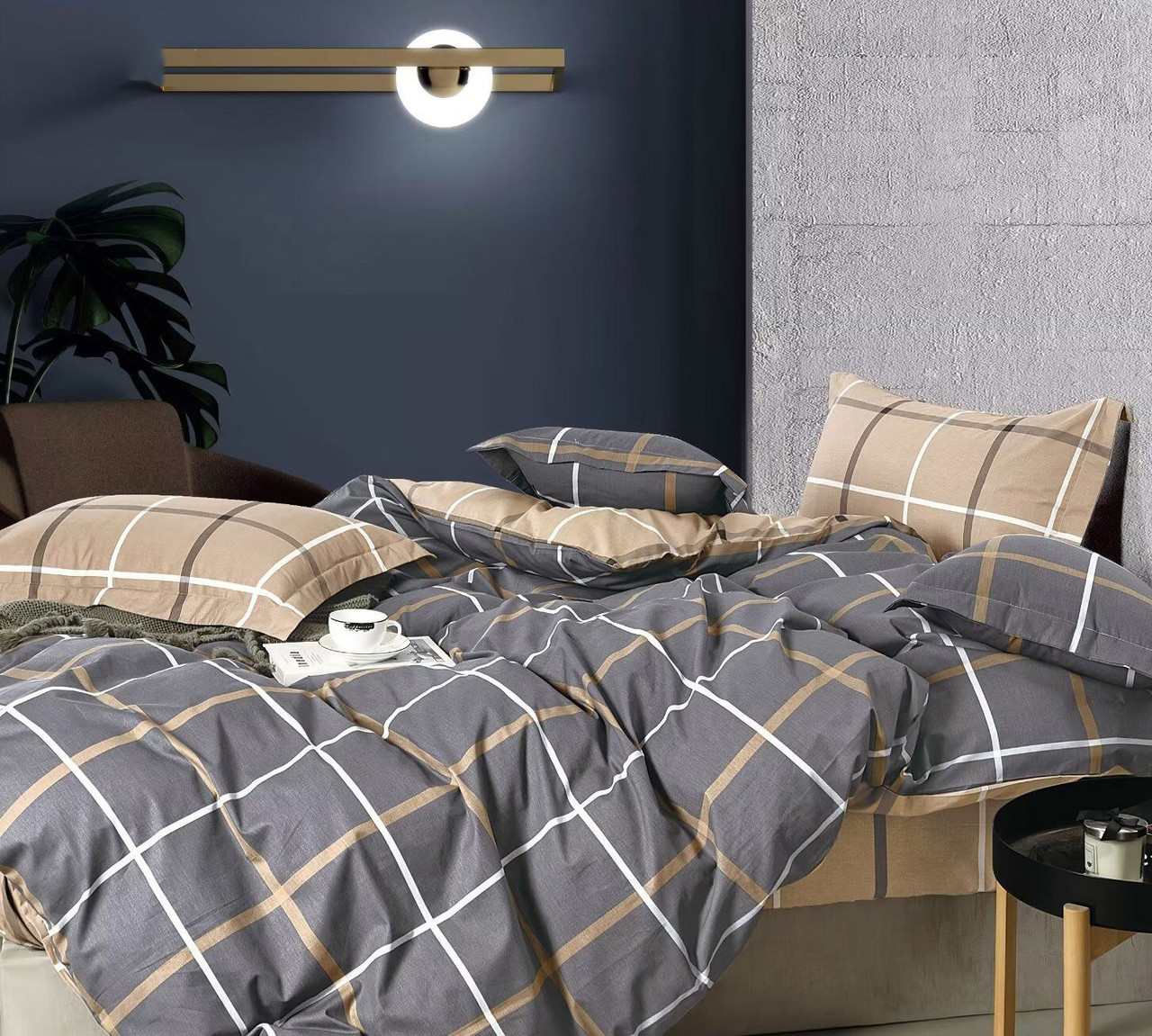 Підковдра на блискавці 145х215 (Сатин) | Полуторна підковдра від виробника "Королева Ночі" | Клітка на сірому та бежевому, фото 1