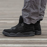 Мужские зимние кроссовки Nike Air Jordan Retro 4 Fur Black Cat (черные) модные повседневные кроссы 1687 Найк 45