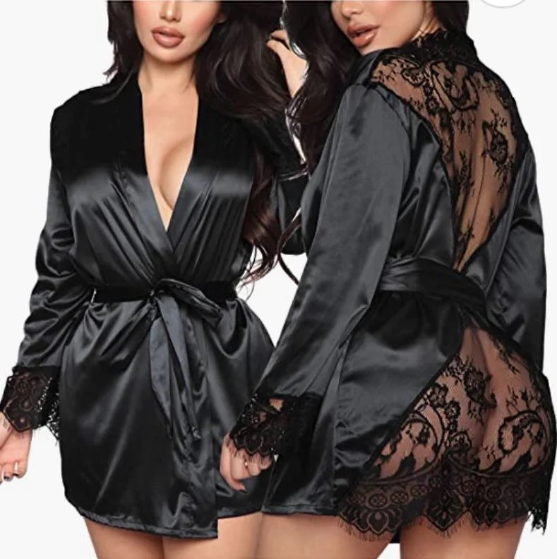 Атласний жіночий короткий халат – стильний халат з мереживом для дому, подарунок для коханої, фото 1