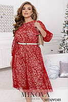 Гіпюрова червона сукня з блискітками та прозорими рукавами, великих розмірів від 46 до 68