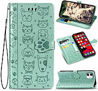 Чехол Embossed Cat and Dog для Iphone 11 книжка кожа PU с визитницей мятный