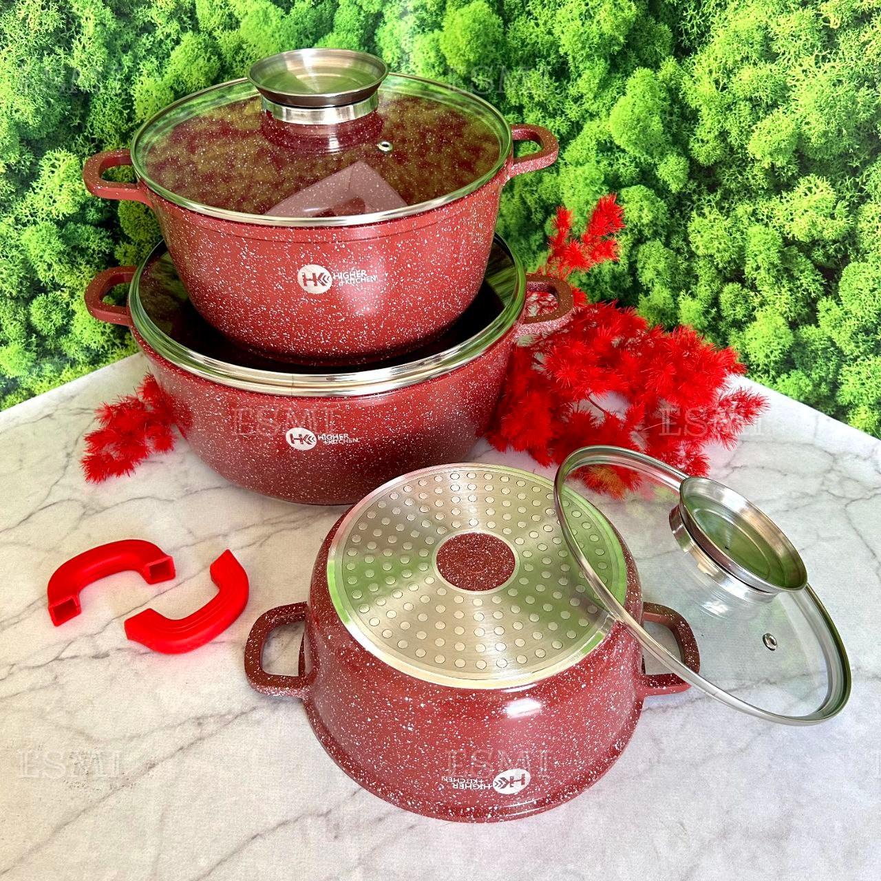 Набір каструль із антипригарним мармуровим покриттям 10 предметів HIGHER KITCHEN червоний