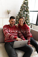 Парные новогодные свитера с оленями красные | Мужской женский зимний свитер новогодний