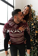 Парные новогодные свитера с оленями бордовые | Мужской женский зимний свитер новогодний