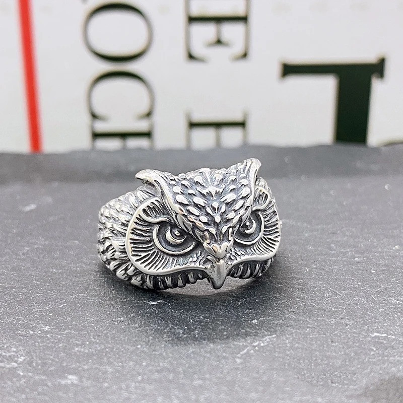 Срібляста каблучка «Велика Сова» з білими очима, символ мудрості, регульована AurumLux171, фото 1