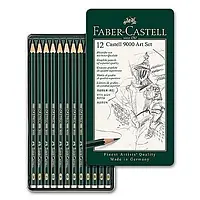 Чорнографітні олівці Faber-Castell у наборі, 12 шт. 2Н-8В, металевий пенал, CASTELL 9000