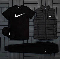 Спортивный костюм мужской (п) Комплект с жилеткой Nike (футболка черная+кепка+жилетка+штаны)