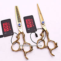 Ножницы 6.0 Kasho парикмахерские золотистые кованые ручки кристаллы Swarovski 2 шт