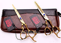 Ножницы 6.0 Kasho парикмахерские золотистые кованые ручки кристаллы Swarovski 2 шт в пенале