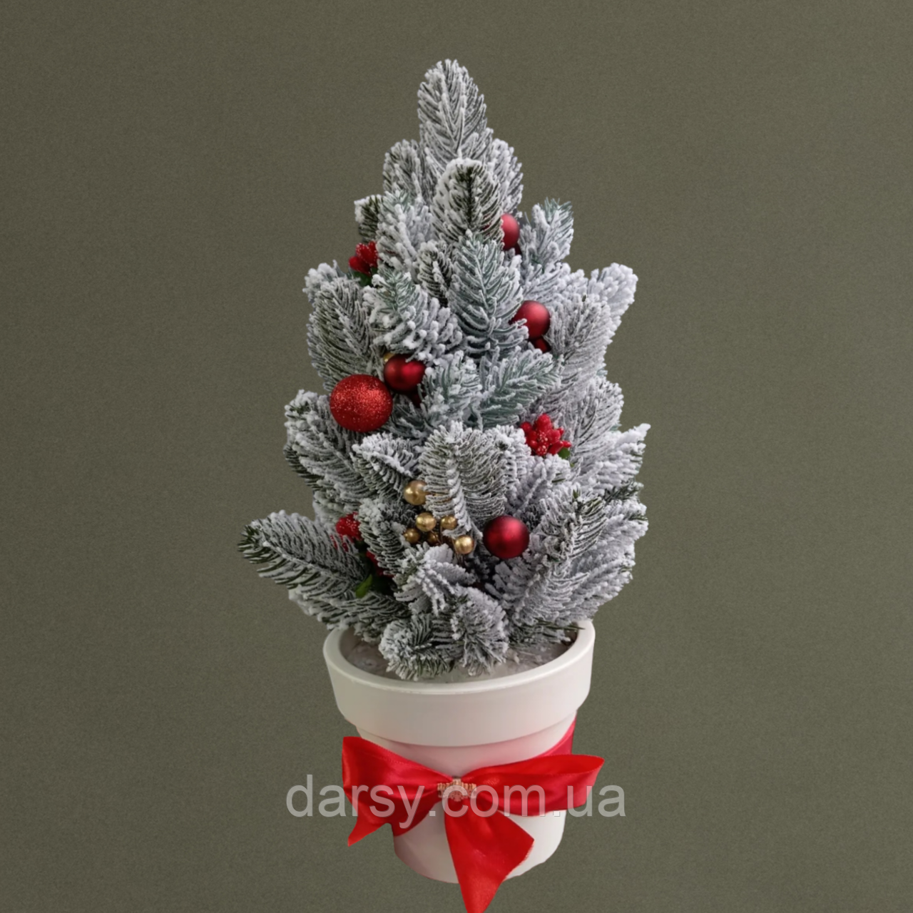 Ялинка лита 40 см в горщику зелена засніжена штучна з декором червона, фото 1