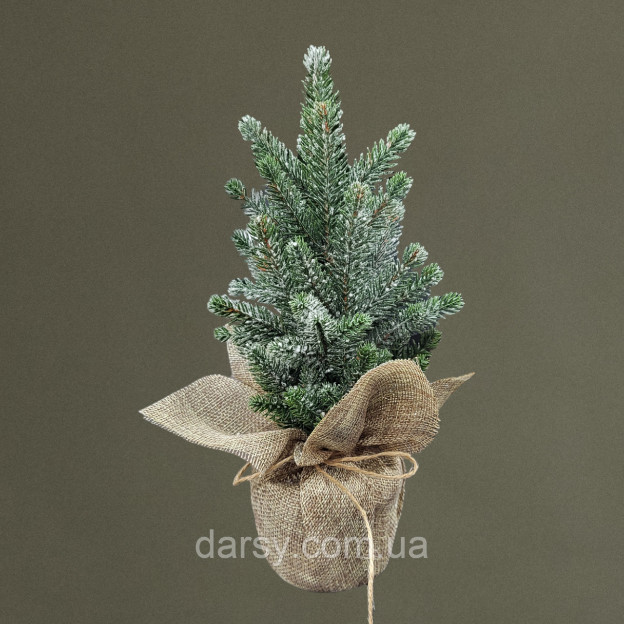 Ялинка лита 27 см в мішковині зелена засніжена штучна маленька, фото 1
