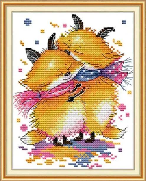Набір для вишивання за нанесеною на канву схемою "Little fox hug". AIDA 14CT printed, 17*20 см
