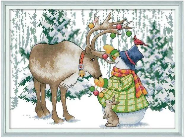 Набір для вишивання за нанесеною на канву схемою "Elk and snowman ".AIDA 14CT printed , 38*29 см, фото 1